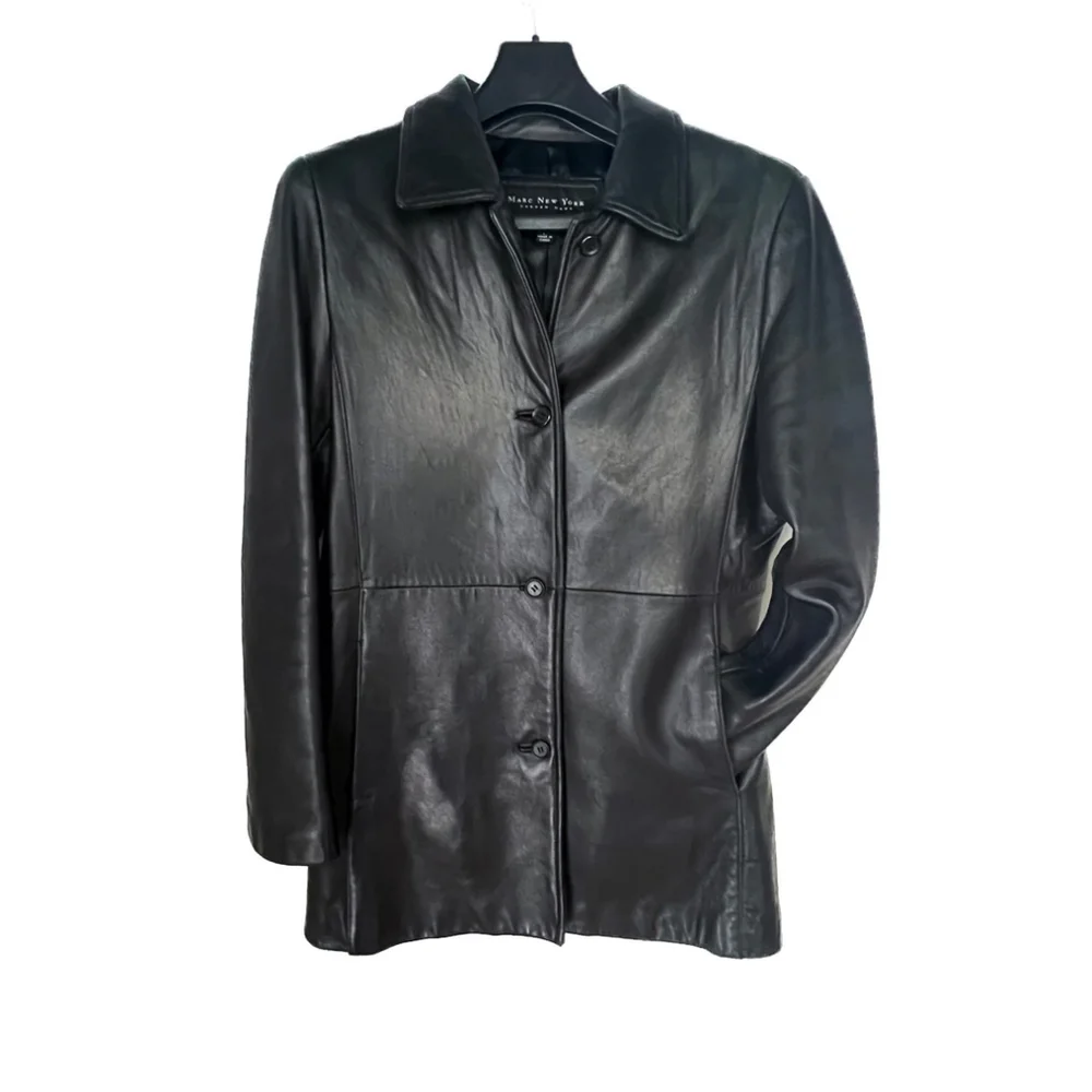 Marc New York Women L Black Genuine Leather Jacket Coat | Pockets, Lined 90s Lux - Picture 1 of 15